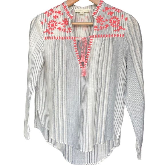 Tops - Lovestitch Ivory Boho Long Sleeve Tunic Top Blue Stripe Embroidered Size Medium